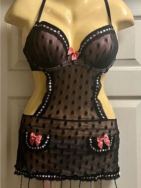 Victoria's Secret French Maid Black Sheer Chemise 36D Body Rage jewel panties M